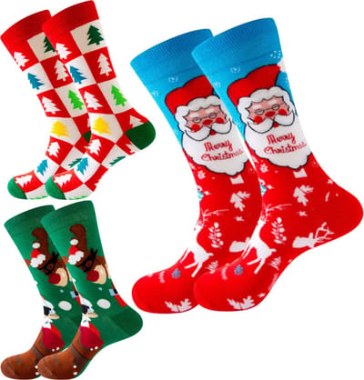 3x Kerstsokken met Kerstman, Rendier en Kerstbomen - Set Sokken voor heren/dames maat 40/45
