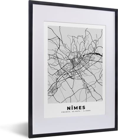 Fotolijst incl. Poster - Kaart - Stadskaart - Nîmes - Plattegrond - Frankrijk - 30x40 cm - Posterlijst