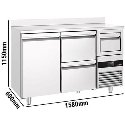 GGM Gastro Bar- & Getränkekühltisch PREMIUM - 1580x600mm - mit 1 Tür, 2 Schubladen, Aufkantung & Ausklopfer für Kaffee Zilver