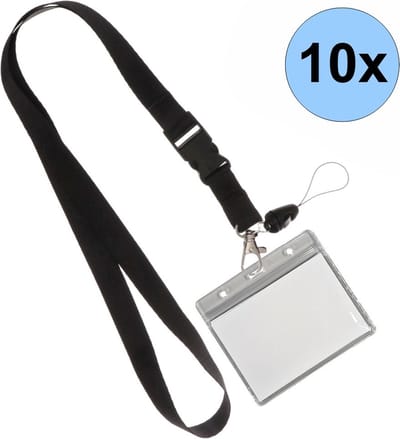 10 Zwarte Keycords Met Badgehouders - Keycord + Badgehouder Plastic XL - Sleutelkoord - Badgehouder - 51cm - 20mm - Zwart - 10 Stuks