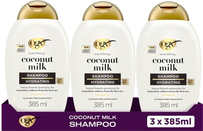 OGX Coconut Milk Shampoo, Hydrateert & Verzacht, Sulfaatvrij, Tropische Kokosgeur, Voor Droog & Dof Haar, 3x385 ml