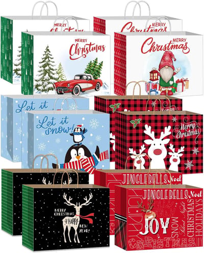 Omgoods - 12 Stuks Kerst Papieren Tasjes - Perfect voor Cadeaus