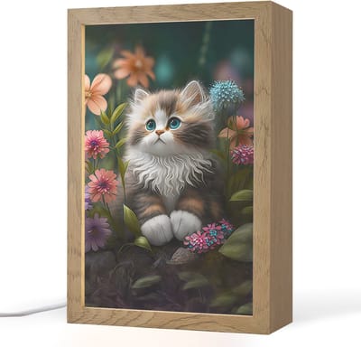 Nachtlampje 20x30 cm - Kinder lampje - Kitten - Illustratie - Bloemen - Natuur - Kat - Tafellamp kinderkamer - Slaapkamer lamp - Bedlamp kinderen - Kinderlampje stopcontact - Wandlamp babykamer - Nachtlampjes