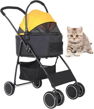 Huisdier Wandelwagen - Dieren Buggy - Comfortabel Reizen - Afneembare Reismand - Groot Formaats - Geel
