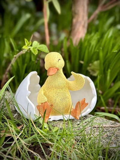 Eendenkuiken uit schelp zittend 9 cm hoog - Lentecollectie & PASEN - polyresin - polystone - hoogkwalitatieve kunststof - decoratiefiguur - interieur - accessoire - voor binnen en buiten - cadeau - geschenk - tuinfiguur - tuinbeeldje - tuindecoratie
