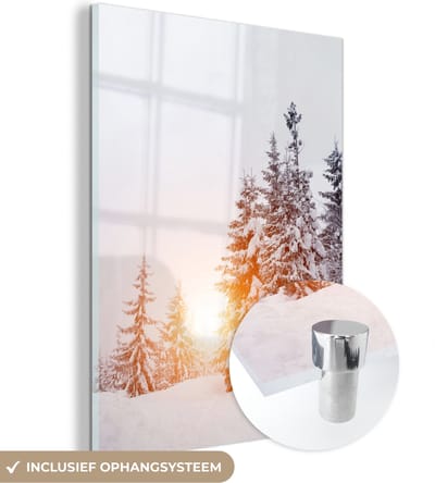 MuchoWow® Glasschilderij 30x40 cm - Schilderij acrylglas - Zon - Bomen - Sneeuw - Foto op glas - Schilderijen