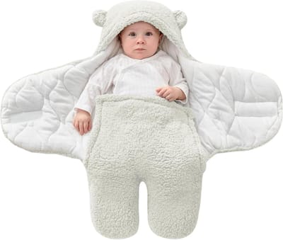 Baby Inbakeren 0-3 Maanden Baby Inbakerdeken Dik Fleece Baby Wikkeldoeken Baby Inbakerdoek Winter Babyslaapzak (Wit)