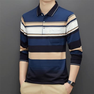 Heren Lente en Herfst Middelbare en Oudere Leeftijd T-shirt met Lange Mouwen Katoen Polo Kraag Casual Poloshirt Papa Top Heren XXXL beige