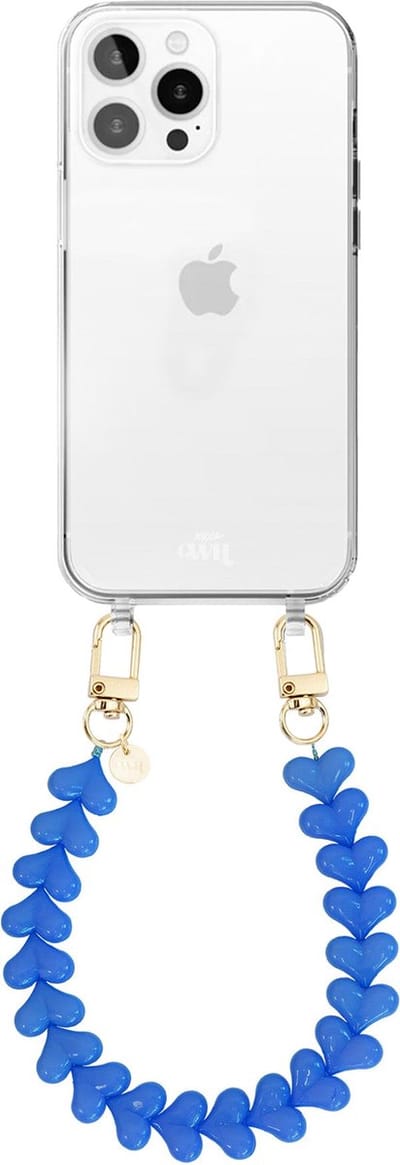 xoxo Wildhearts siliconen hoesje - Geschikt voor iPhone 16 Pro Max hoesje - Funky Hearts - Telefoonhoesje - Hoesje met koord - Denim Blauw koord - kort telefoonkoord - Hartjes ketting - Transparant hoesje