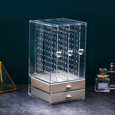 Boîte Organisateur de Bijoux Suspendue Support d'Exposition Transparent avec Tiroirs pour Boucles d'Oreilles Bagues Colliers 3 3 Vertical and 2 Beige Horizontal Drawers black