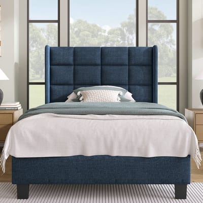 VVBV Gestoffeerd Eenpersoonsbed met Lattenbodem 90x200 cm - Hoofdbord - Linnen Blauw - Zonder Matras