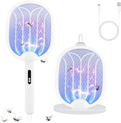 Superkrachtige elektrische muggenmepper, 3000V, 1200mAh, 2-in-1 USB-C oplaadbare UV-insectenverdelger, wit.