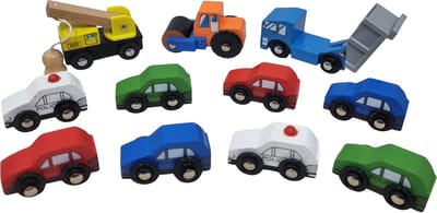 Houten auto set van 11 stuks past op een treinbaan met rails afmeting auto ca 8 x 5 x 3,3 cm
