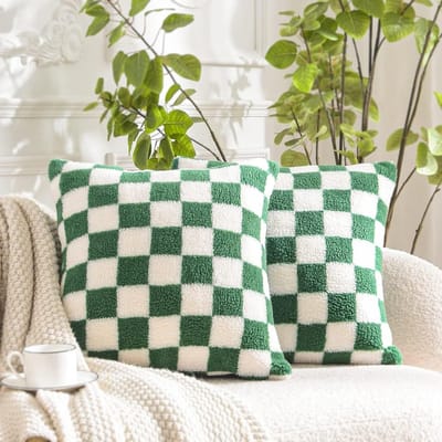 Decoratieve Kussenslopen - Sierkussenhoezen Sherpa - Woonkamer Decoreren - Geruit Dambord Patroon - 46 x 46 cm - Donkergroen Gebroken Wit