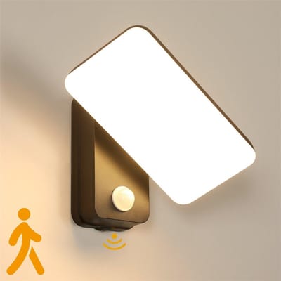 Buitenwandlamp met bewegingssensor, IP65 zwarte LED-wandlamp met draaibaar LED-paneel, binnen-/buitenlamp voor tuin, balkon, gang, warm wit 3000K - (Aansluiten op de stroomvoorziening)