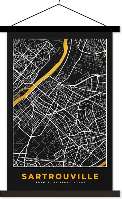 Posterhanger incl. Poster 40x60 cm - Schoolplaat - Plattegrond - Sartrouville - Stadskaart - Frankrijk - Kaart - Textielposter - Zwarte latten - Stadskaart