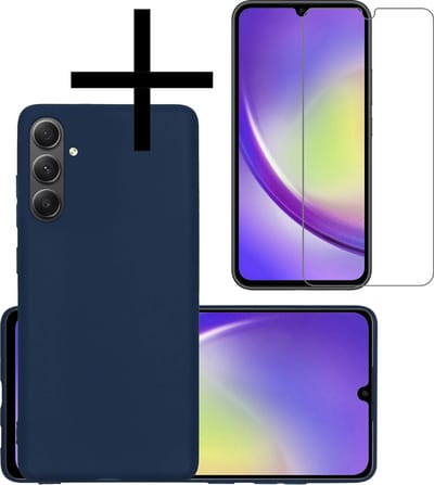 Hoesje - Met Screenprotector - Geschikt voor Samsung Galaxy A34 - Sterk & Shockproof - Back Cover - Siliconen Case - Telefoon Hoes - Donkerblauw