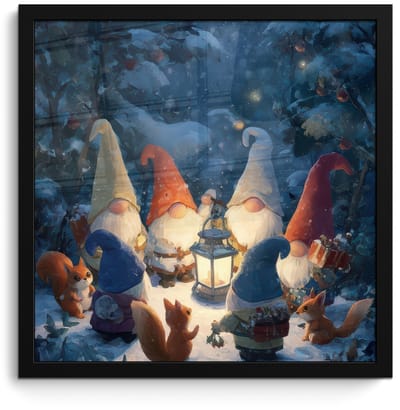Poster in lijst - Fotolijst 40x40 cm - Posters - Winter - Gnooms - Eekhoorns - Meerkleurig - Posterlijst zwart - Decoratie - Wanddecoratie woonkamer - Muurdecoratie slaapkamer - Kerstversiering - Kerstdecoratie voor binnen - Kerstmis
