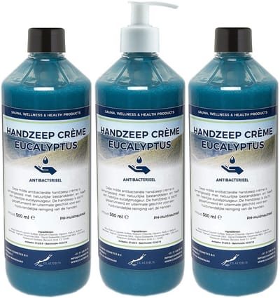 Handzeep Crème Eucalyptus 500 ml - set van 3 stuks - met gratis pomp - Voordeelverpakking
