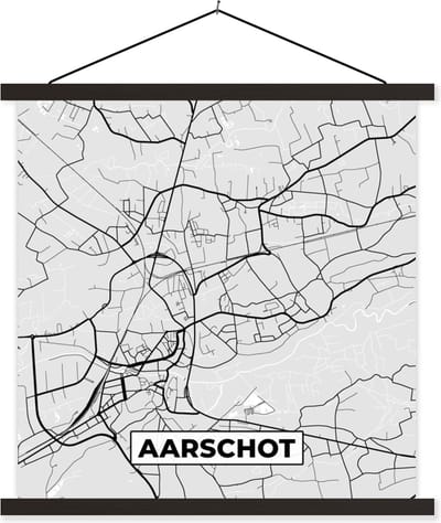 Posterhanger incl. Poster 60x60 cm - Schoolplaat - Plattegrond – Aarschot – Zwart Wit – Stadskaart - Kaart - Textielposter - Zwarte latten - Stadskaart