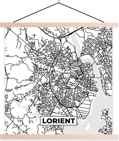 Posterhanger incl. Poster 40x40 cm - Schoolplaat - Frankrijk - Plattegrond - Stadskaart - Lorient - Kaart - Zwart wit - Textielposter - Blanke latten - Stadskaart