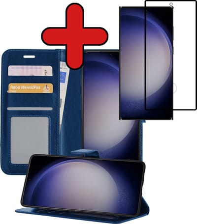 Hoesje - Met Screenprotector - Geschikt voor Samsung Galaxy S23 Ultra - Luxe Pasjeshouder - Flipcase - Bookcase Portemonee - Flip Case - Kunstleer Book Case - Book Cover - Walletcase - Portemonneehoes - Telefoonhoes - Donkerblauw