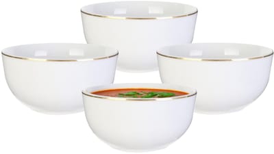 Home Deco Factory Kommetje/serveer schaaltje - 4x - wit met gouden rand - D14 x 7 cm - porselein - ontbijt/hapjes - stapelbaar - Soepkommen