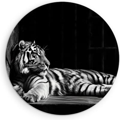 Saammp Muurcirkel Hout - Tijger - Zwart-Wit - Dieren - Ø 90 - Wandcirkel - Wanddecoratie Cirkel - muurdecoratie Woonkamer - Slaapkamer decoratie - Rond Schilderij