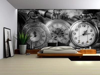 Watches Clocks Black White Photo Wallcovering