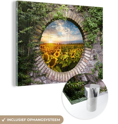 MuchoWow® Glasschilderij 120x90 cm - Schilderij acrylglas - Zonnebloemen - Doorkijk - Bloemen - Zon - Foto op glas - Schilderijen