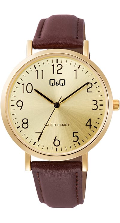 Q&Q C34A-010PY - Horloge - Analoog - Heren - Mannen - Leren band - Rond - Metaal - Cijfers - DonkerBruin - Goudkleurig