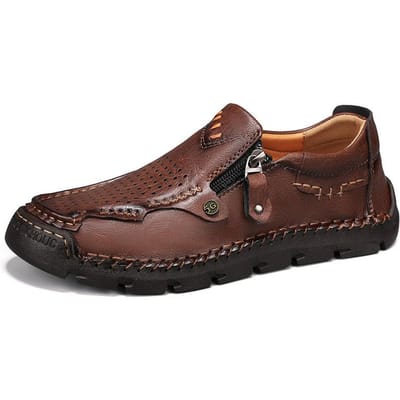 Herenschoenen Casual Leer Nieuw Zomer Ademend Geperforeerd Zachte Zool Instappers voor Mannen 48 brown