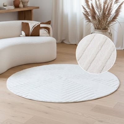 TAPISO Hygge Rond Vloerkleed Tapijt Crème-Wit Modern Laagpolig 3D Geometrisch Kleed Woonkamer & Slaapkamer – Slijtvast en Onderhoudsvriendelijk OEKO-TEX - 80x80