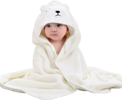 Baby & kids Casey - Witte Badcape Beer - Wikkeldeken - Kraam cadeau - Babyshower cadeau - Omslagdoek baby - Super zacht - Fleece deken.