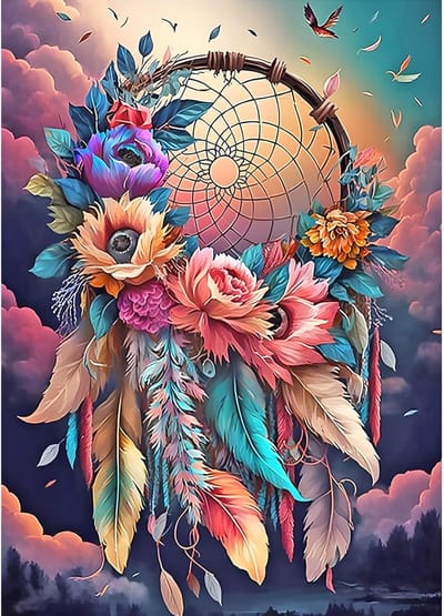 Diamond Painting Dromenvanger met bloemen, 5D diamond painting afbeeldingen dromenvanger, diamant schilderij kruissteek borduurwerk kunsthandwerk set voor volwassenen, wanddecoratie voor thuis