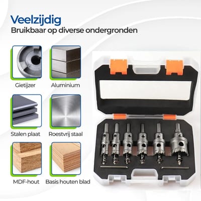 MCETOOLS Professionele Gatfrees Set met HM tanden (16–35 mm) – 6-Delig – Inclusief Centreerboren & Kunststof Opbergkoffer
