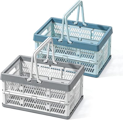opvouwbaar, set van 2 (blauw + grijs), klapbox, klein met handvat, 19 l, multifunctionele opbergmand als picknickmand, fruitmand, groentemand voor het huishouden