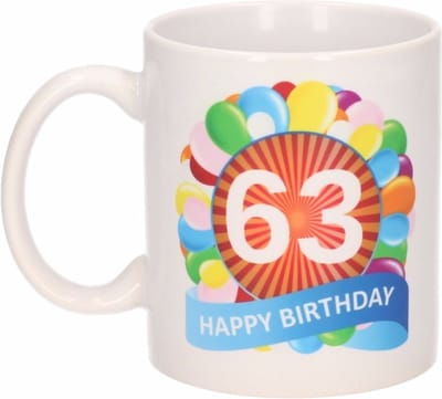 63 jaar Verjaardag koffiemok - cadeau beker - feestelijke ballonnen print - 300 ml - keramiek - wit