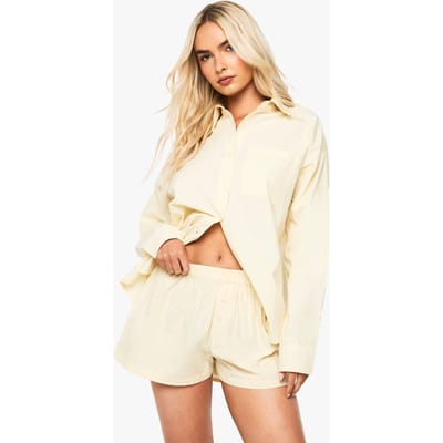 boohoo Dames Katoenen poplin short met knoopsluiting aan de voorkant | Lemon | Maat: 12