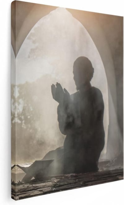 Artaza Canvas Schilderij Biddende Man - 30x40 cm - Klein - Wanddecoratie Islamitisch - Muurdecoratie Silhouet - Kamer Accessoires Moskee