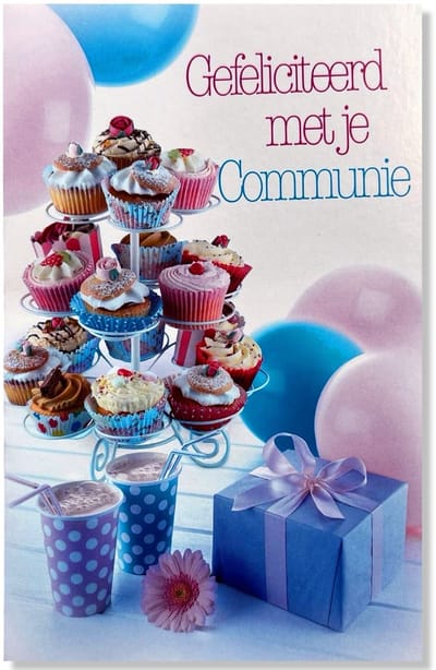Communie Wenskaart Cupcakes - 12x17cm - Gevouwen kaart inclusief envelop - Communiekaart