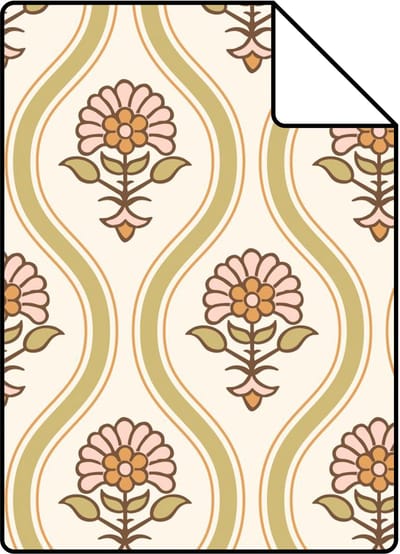 Proefstaal ESTAhome behang vintage bloemen groen, roze en oranje - 26.5 x 21 cm - 131741-S