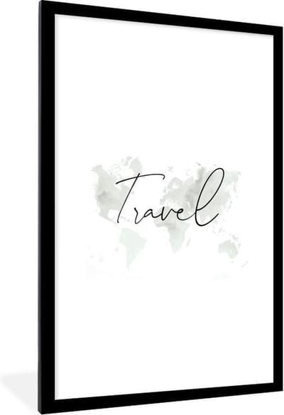 Poster in lijst - Fotolijst 60x90 cm - Posters - Wereldkaart - Waterverf - Minimalisme - Posterlijst zwart - Decoratie - Wanddecoratie woonkamer - Muurdecoratie slaapkamer