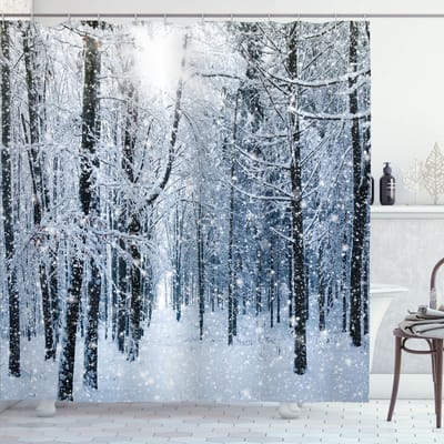 New Bed, Winter Sneeuw Bedekt Bos, Douchegordijn Badkamer Decor Set met Haakjes, 175 cm B 180 cm L