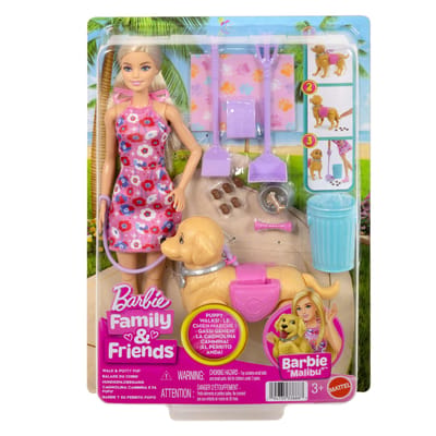 Barbie Malibu Wandelpuppy speelgoedset - Pop en hond die kan poepen en accessoires