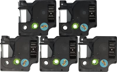 Dappaz - 5 stuks Dymo Plastic Labels D1 45021 Compatible - Wit op Zwart - Geschikt voor Dymo LabelManager - 12 mm x 7 m - S0720610 Label Tape