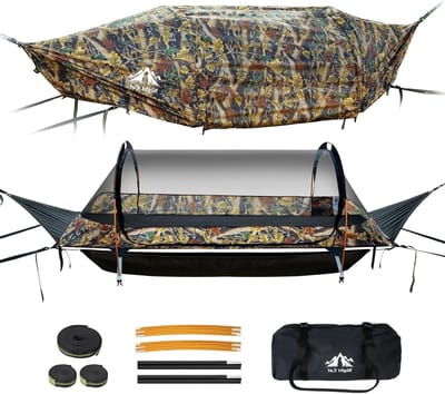 Lay Flat Hangmat met Muggennet en Waterdichte Regenfly voor 1 Persoon - Ideaal voor Kamperen in Tuin en Buitenactiviteiten (Groen)