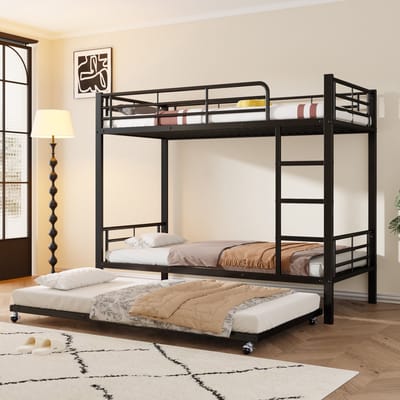 DESMIU Metalen Stapelbed 90x200cm – Veilig Stapelbed Met Uittrekbed – Drie Slaapplaatsen Voor Kinderkamer Of Kleine Ruimte – Zwart – Zonder matras