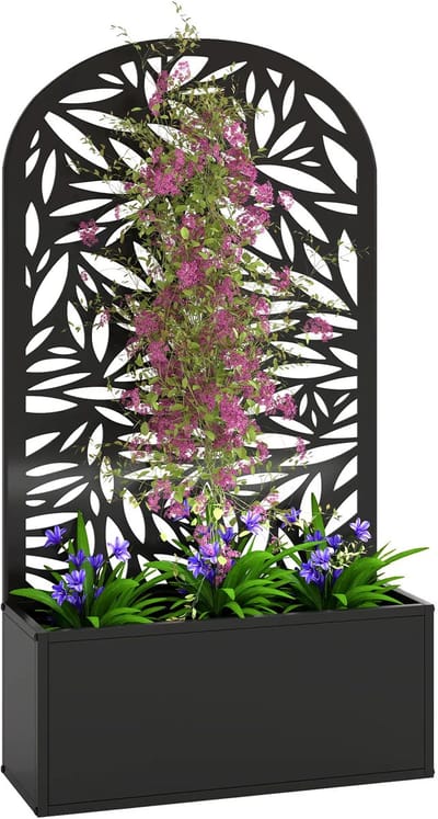 Plantenbak met klimrek - Bloembak - Weerbestendig - Met trellis - Buiten - Metaal - Plantenrek - 29 Liter - Zwart