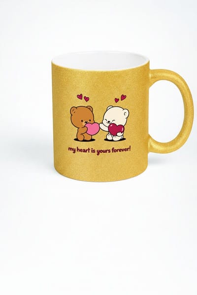 Gouden Glitter Mok met Lieve Beren & Harten - 'My Heart is Yours Forever!' - Romantisch Cadeau